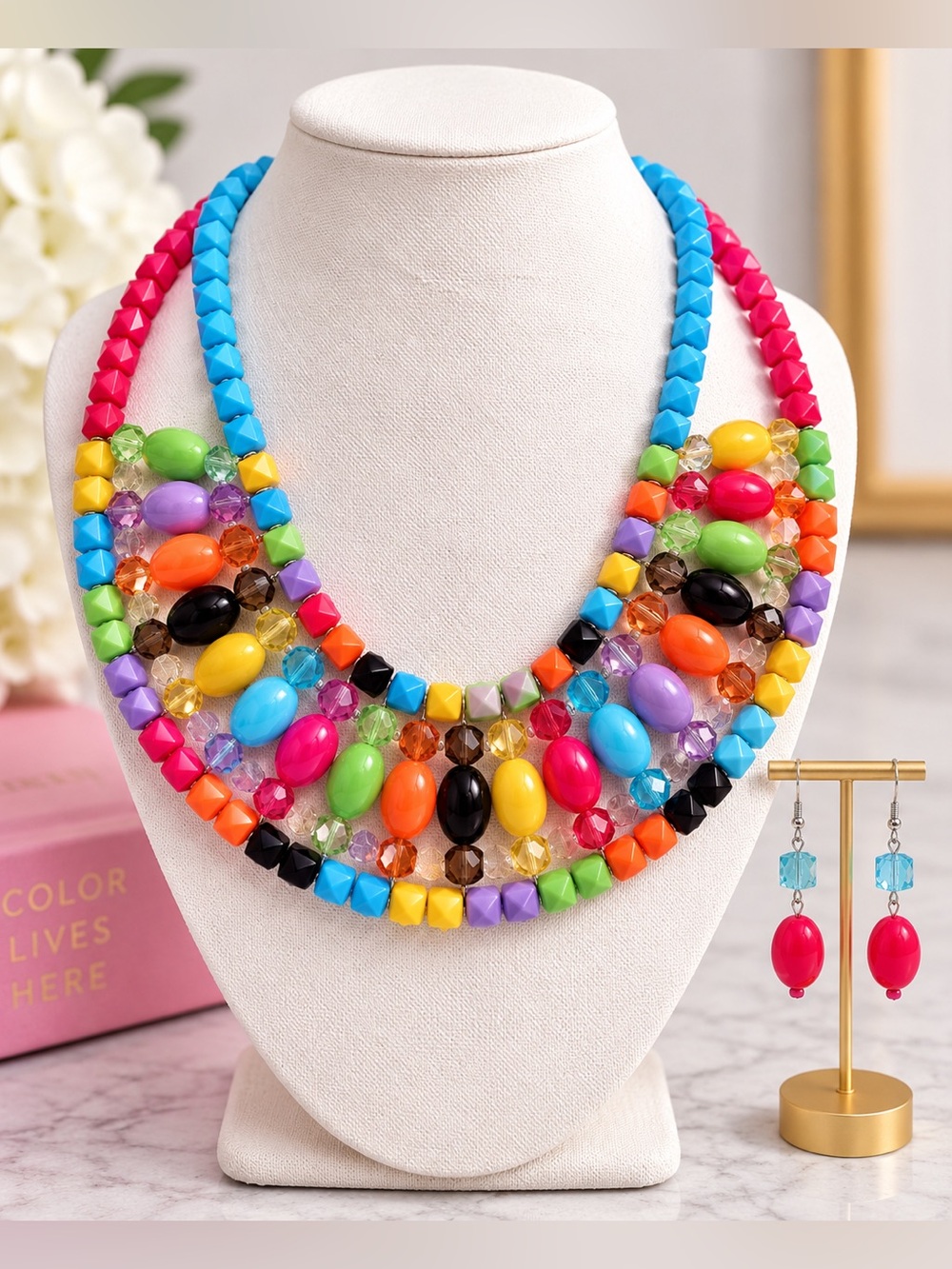 DaVinci Beaded Multi Colorful Pop Necklace & Earrings